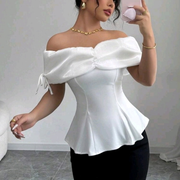 Women's Off-Shoulder Ruched Splice Short Sleeve Casual Elegant Shirt - Picture 4 of 4